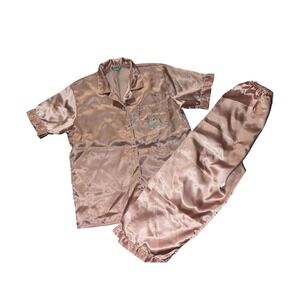 Vintage Sante Satin Pajama Set Rose Gold Bunny Embroidery Short Sleeve Pants M/L